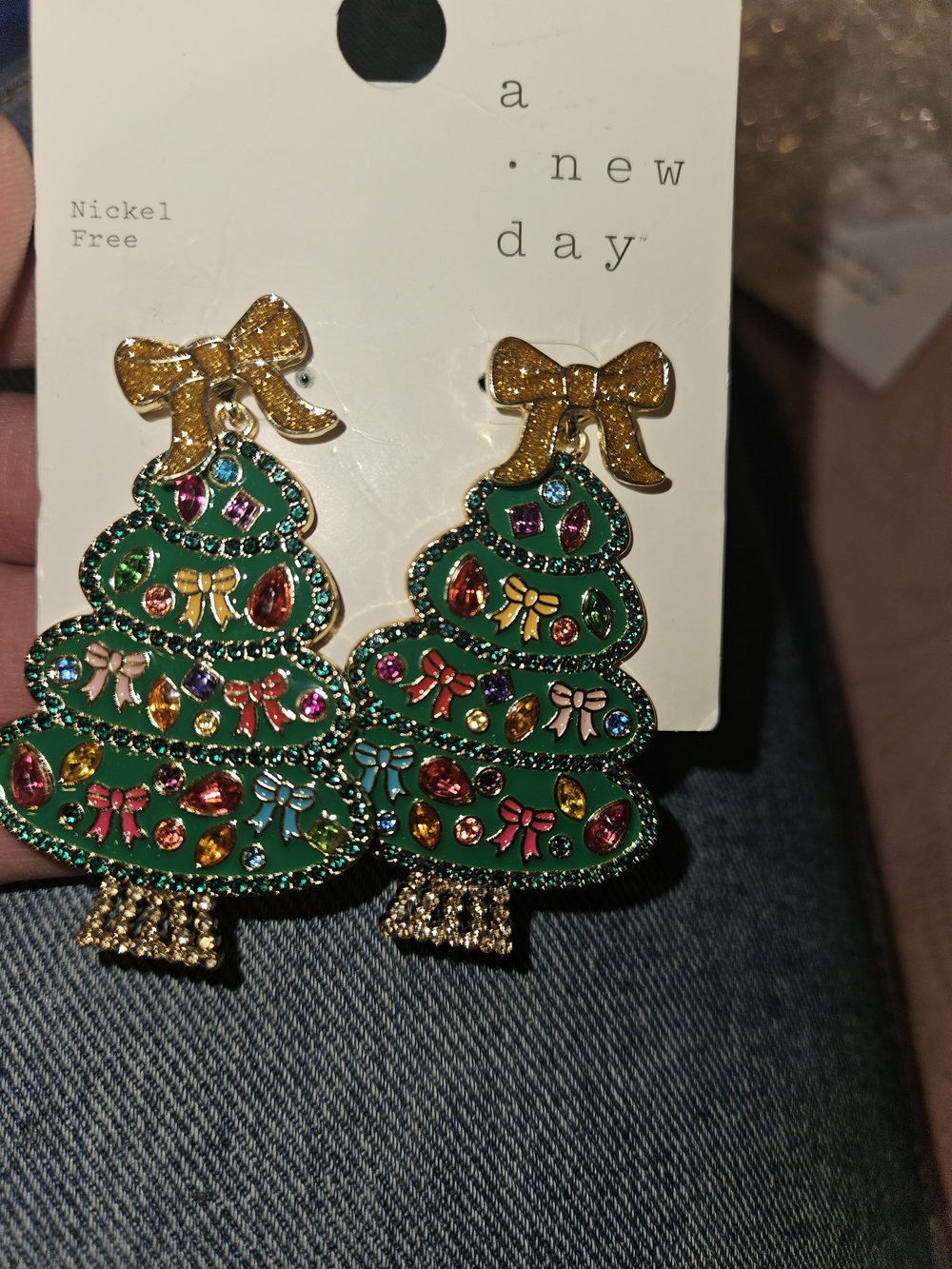 a new day Green Holiday Tree Earrings with Gold Bows and Multicolor Gems